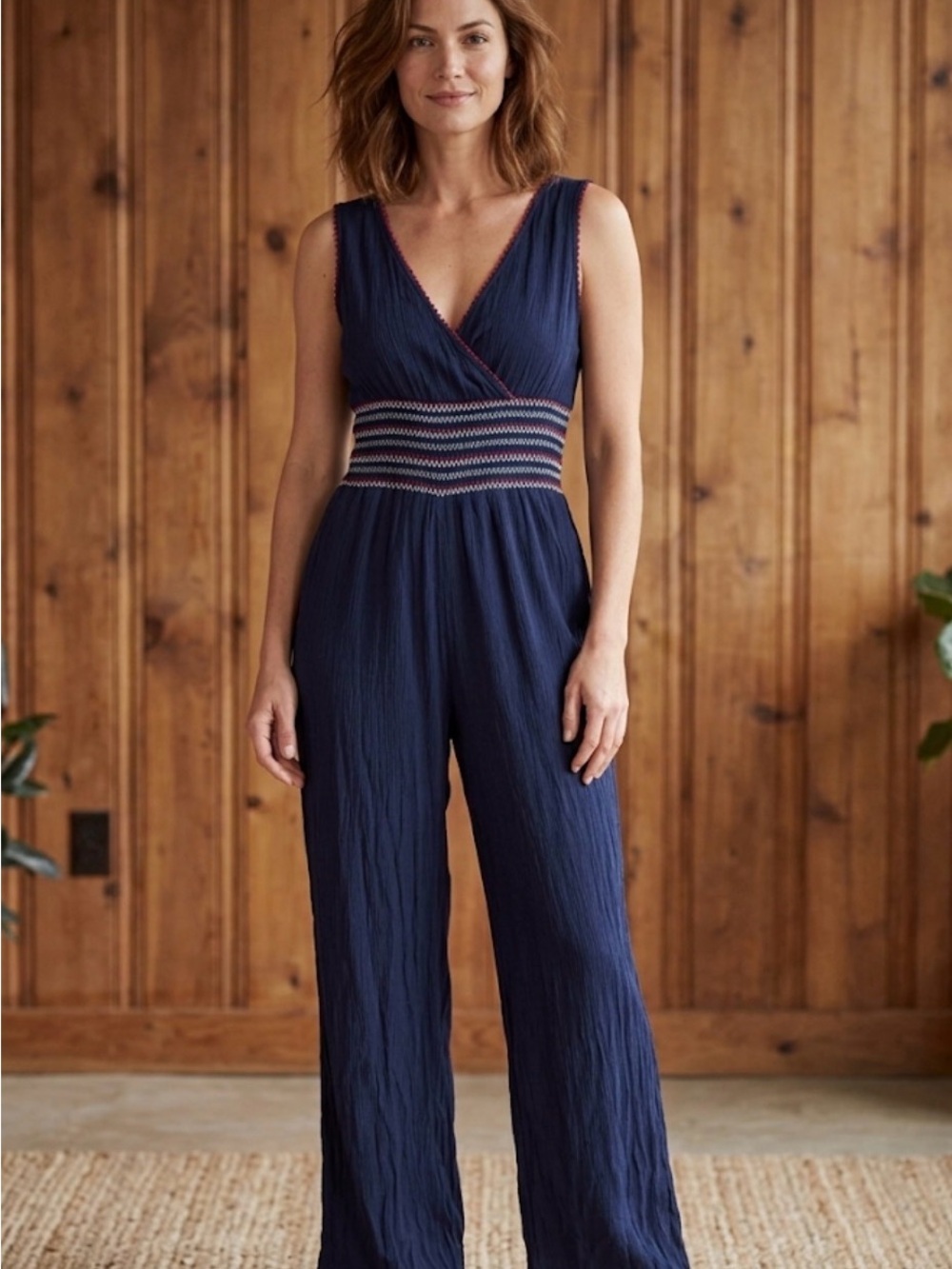 Solitaire Navy V-Neck Wide-Leg Jumpsuit with Striped Smocked Waist